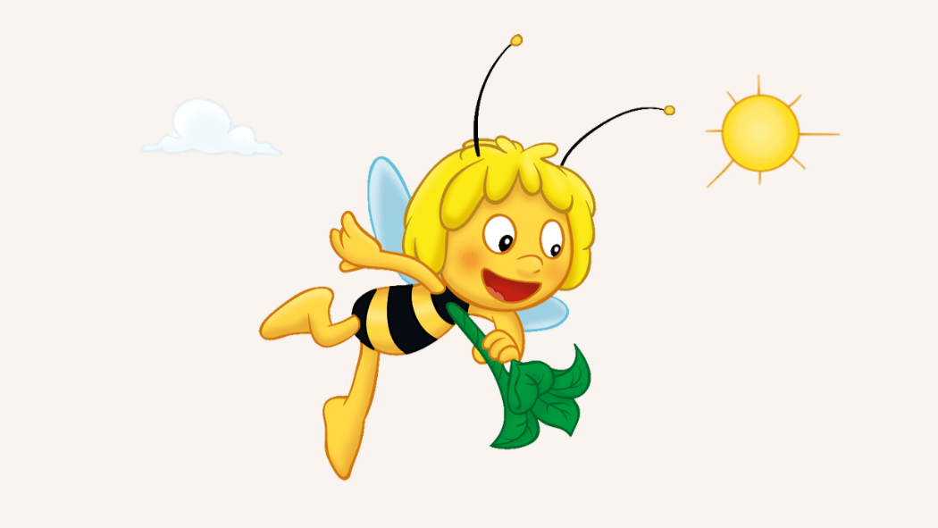 Biene Maja fliegt durch die Luft, Sonne und Wolke im Hintergrund