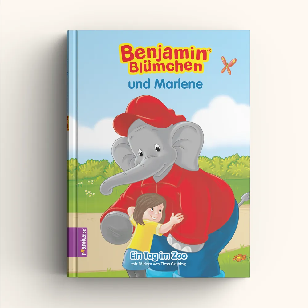 Ein Kinderbuch mit dem Titel Benjamin Blümchen und Marlene zeigt einen illustrierten Elefanten in einem roten Hemd, der ein lächelndes Mädchen umarmt, vor grünem Gras, Bäumen und einem blauen Himmel mit Schäfchenwolken.