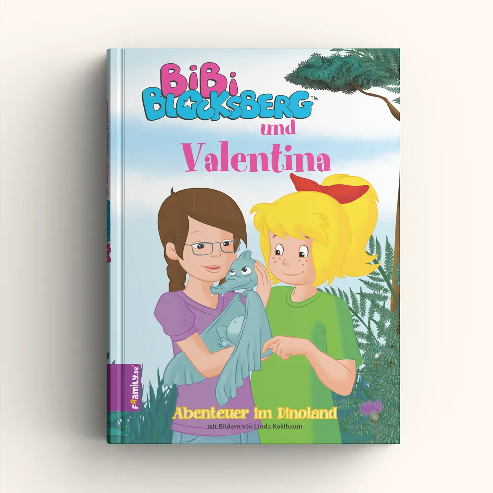 Das Buchcover von "Bibi Blocksberg und du" von Framily zeigt Bibi Blocksberg mit einem braunhaarigen Mädchen Valentina, die lächelnd einen kleinen blauen Dinosaurier in einem lebhaften Dschungel halten.
