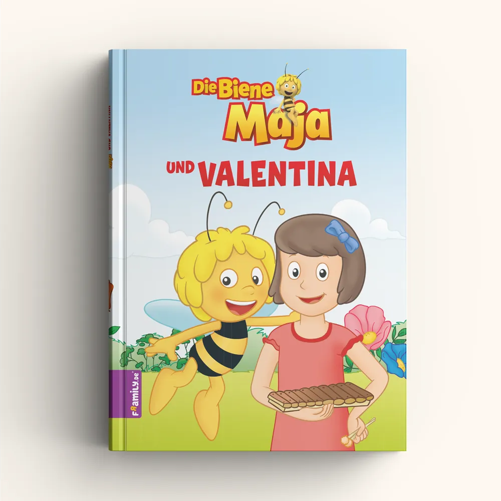 Das Kinderbuch-Cover "Biene Maja und
Valentina" von Framily zeigt die fröhliche Biene Maja und ein lächelndes Mädchen mit Xylophon auf der Klatschmohnwiese, umgeben von lebendiger Natur unter einem strahlend blauen Himmel.