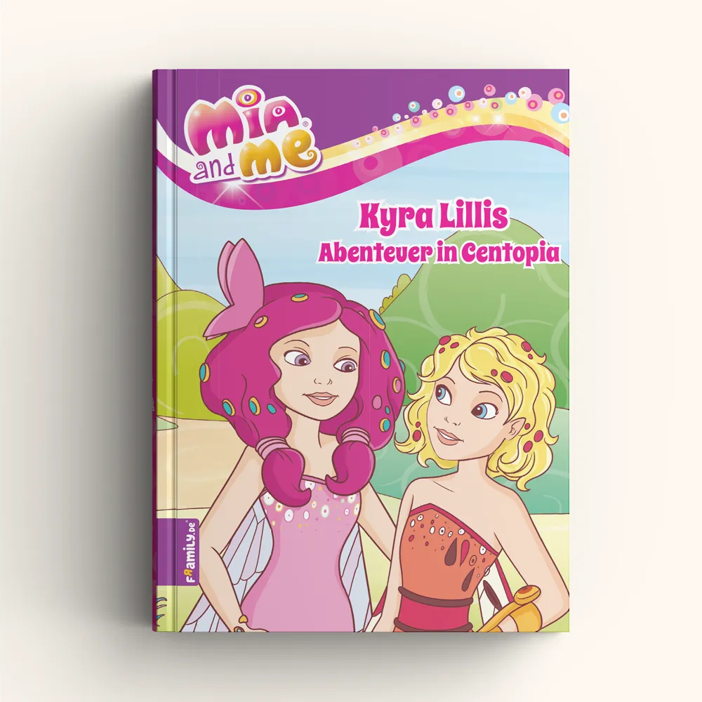 Das Kinderbuch "Mia and Me - Kyra Lillis Abenteuer in Centopia" von Framily zeigt zwei fröhliche, bunt gekleidete Mädchen in der magischen Welt Centopia - ideal als personalisiertes Geschenk für Kinder.
