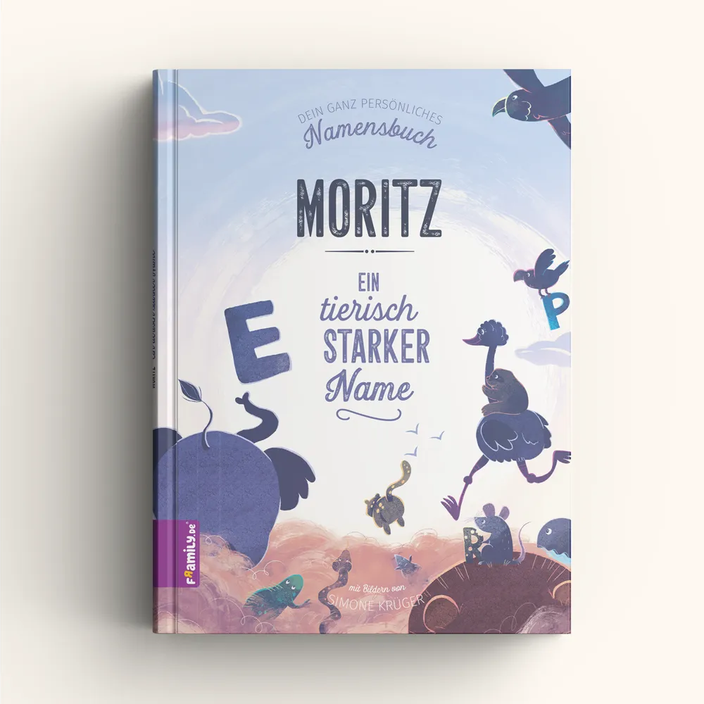 Das Framily-Cover für Dein Namensbuch zeigt verspielt illustrierte Tiere, die um den Titel Moritz - ein tierisch starker Name platziert sind.