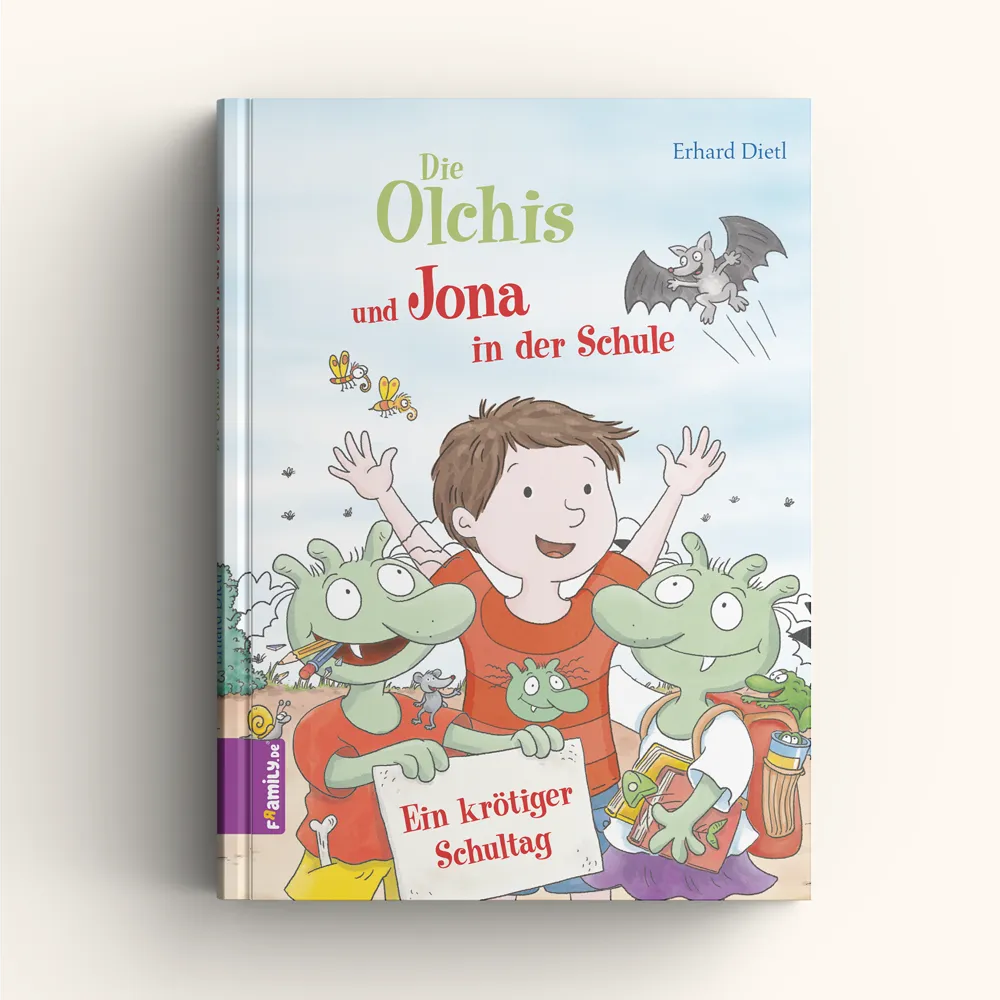 Das Buchcover von "Die Olchis und Jona in der Schule" von Framily zeigt zwei grüne Olchi-Kinder und einen lächelnden Jungen, die vor einer Schule winken, während über ihnen eine Fledermaus fliegt.