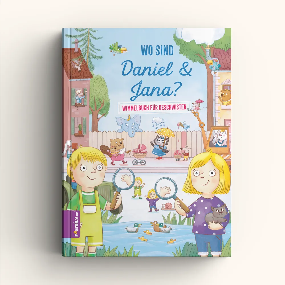 Das „Wimmelbuch für Geschwister“ von Framily besticht durch ein lebendiges Cover, auf dem ein Junge und ein Mädchen mit Lupen einen lebendigen Hinterhof voller Tiere in Wimmelstadt erkunden.