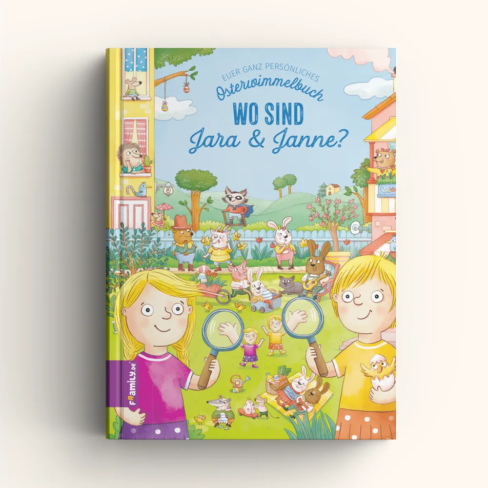 Das lebhafte Framily-Osterbuch-Cover zeigt zwei blonde Mädchen mit Lupen inmitten von spielenden Kindern und Tieren in einem lebendigen Garten - ein lustiges Suchabenteuer für Geschwister oder Freunde.
