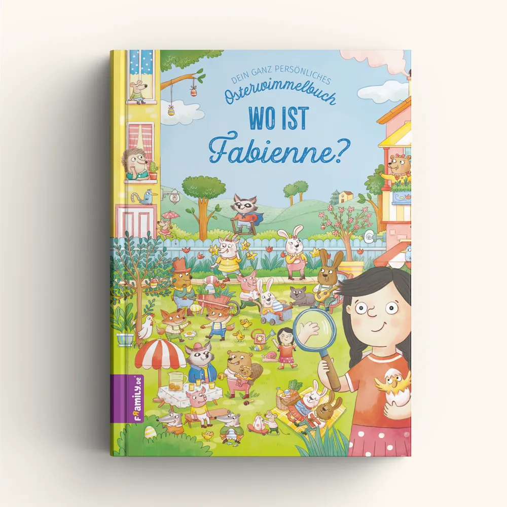 Das lebhafte Framily-Osterbuch-Cover zeigt ein schwarzhaariges Mädchen mit Lupe inmitten von spielenden Kindern und Tieren in einem lebendigen Garten - ein lustiges, personalisiertes Suchabenteuer.