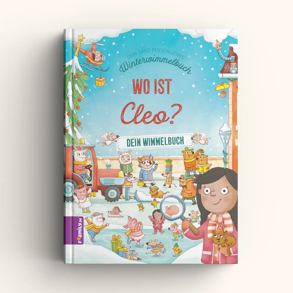 Das Cover des Framily Winterwimmbuchs zeigt ein schwarzhaariges Mädchen mit Lupe in der Hand, umgeben von verspielten Tieren und festlicher Winterdekoration. Der Titel lautet "Wo ist Cleo?"