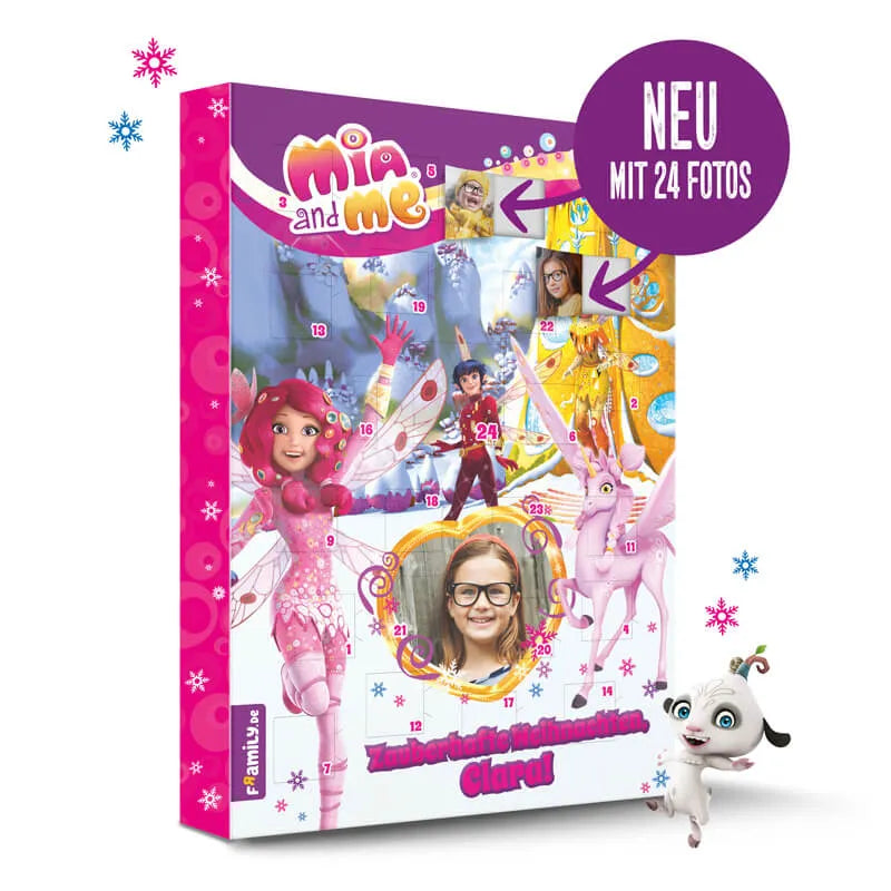 Der Framily Mia and me Adventskalender zeigt animierte Feenfiguren, ein Einhorn, ein lächelndes Mädchen und ein weißes Tier. Ein lila Kreis hebt "NEU MIT 24 FOTOS" hervor.