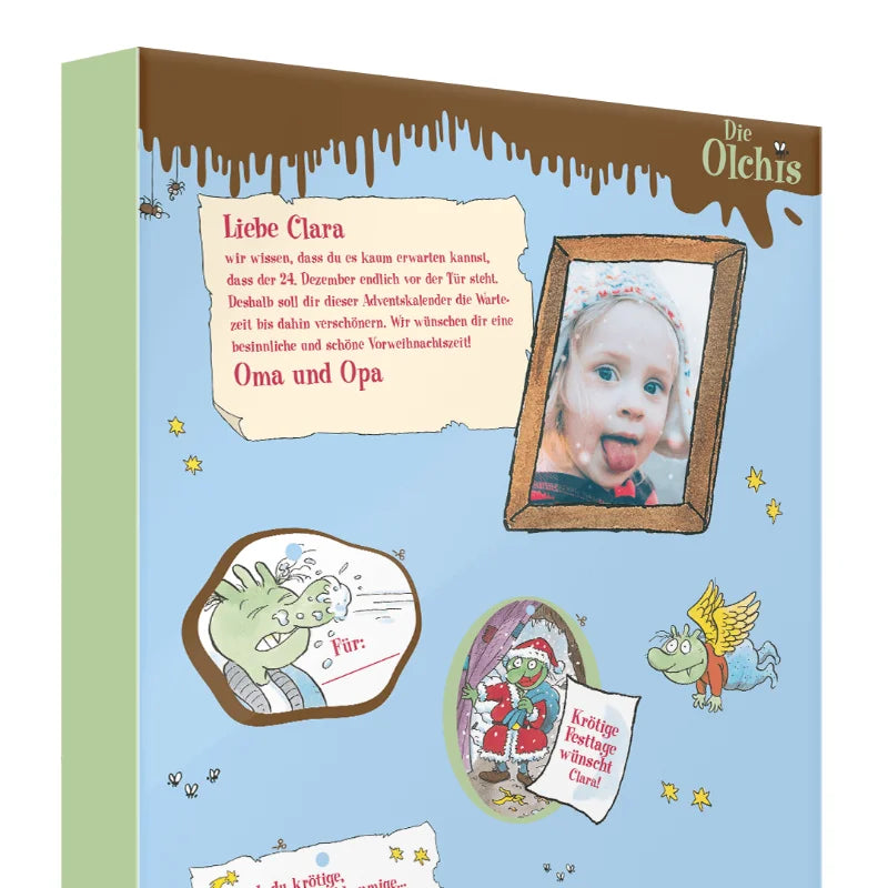 Persönlicher Widmungstext auf der Rückseite des Olchis Adventskalenders mit Foto des beschenkten Kindes. Zusätzlich sind ausschneidbare Geschenkanhänger abgebildet.