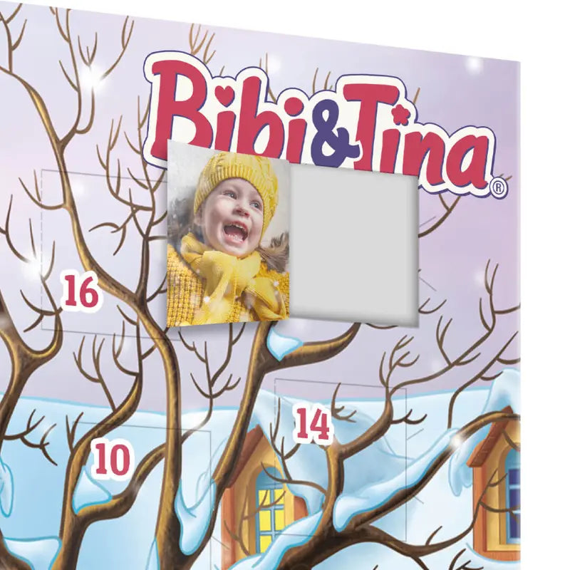Der Framily Bibi & Tina Adventskalender trägt seinen Titel oben auf der Seite. Türchen 15 ist geöffnet und zeigt ein lächelndes Kind mit gelber Mütze und Schal. Die Zahlen 10, 14 und 16 sind auf einem verschneiten, winterlichen Hintergrund abgebildet.