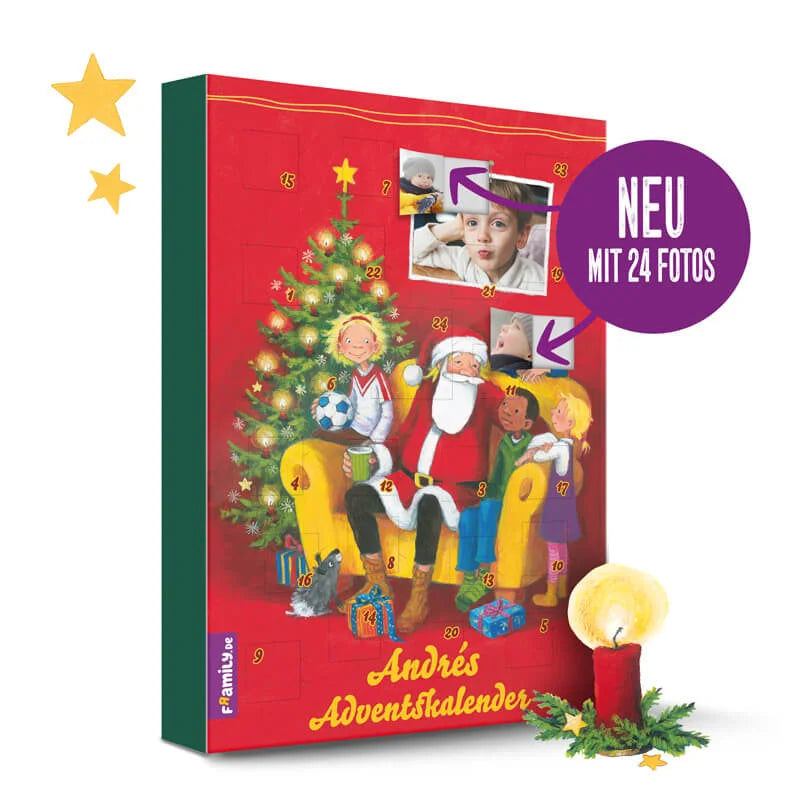 Der Framily Adventskalender. Ein lila Pfeil zeigt auf ein offenes Fenster mit einem Kinderfoto: Neu mit 24 Fotos auf der Innenseite der Türchen.