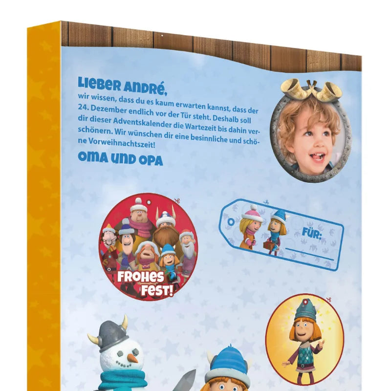 Persönlicher Widmungstext auf der Rückseite des Wickie Adventskalenders mit Foto des beschenkten Kindes. Zusätzlich sind ausschneidbare Geschenkanhänger abgebildet.