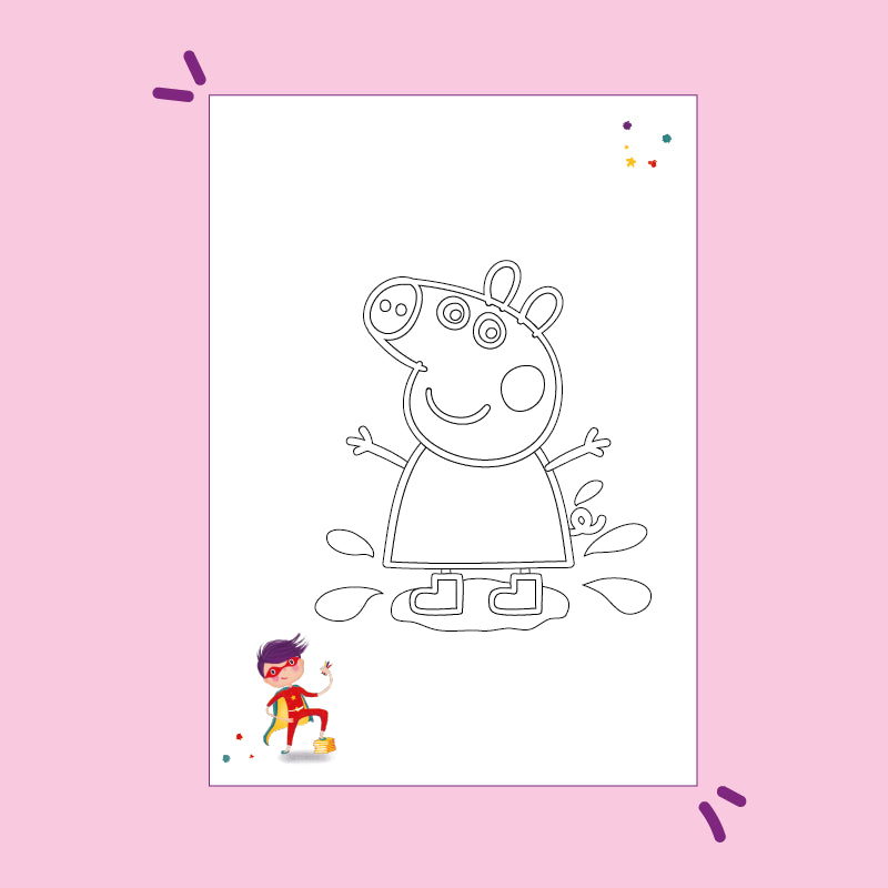 Ausmalbild zum kostenlosen Download: Peppa Pig lächelt und plätschert in einer Pfütze.