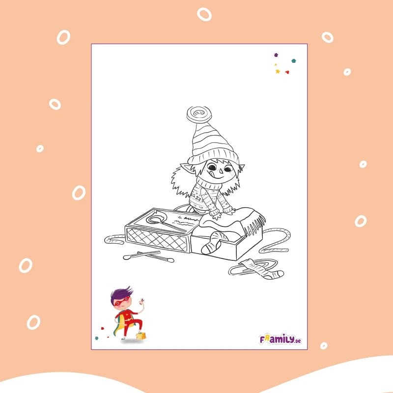 Ausmalbild zum kostenlosen Download: lächelnder Wichtel mit Hut, der auf einer Streichholzschachtel sitzt, Stoff hält und von Schere, Faden und Maßband umgeben ist.