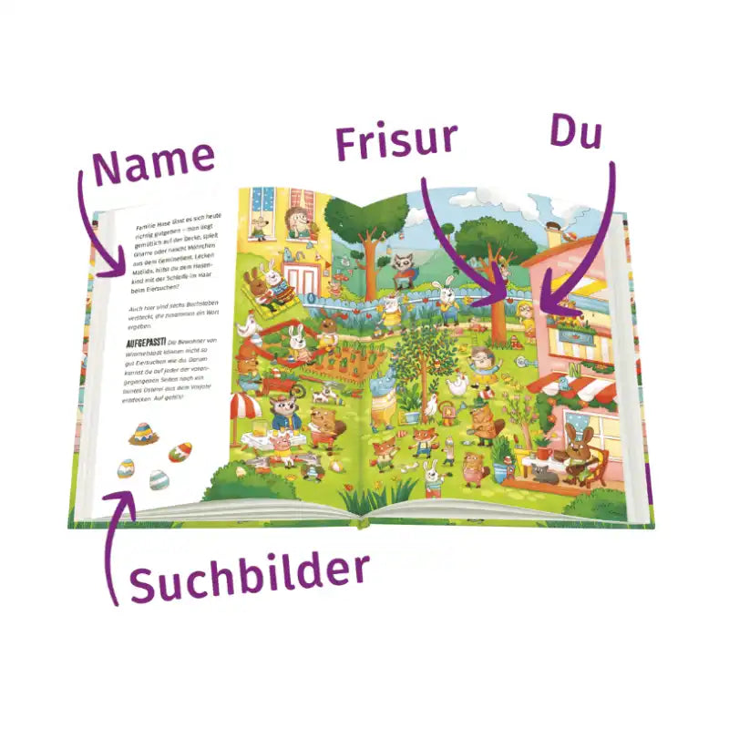 Aufgeschlagene Seite vom Wimmelbuch mit Personalisierungsoptionen Frisur, Name und Suchbilder