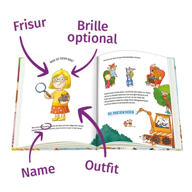 Aufgeschlagene Seite vom Wimmelbuch mit Personalisierungsoptionen Frisur, Brille (optional), Name und Outfit