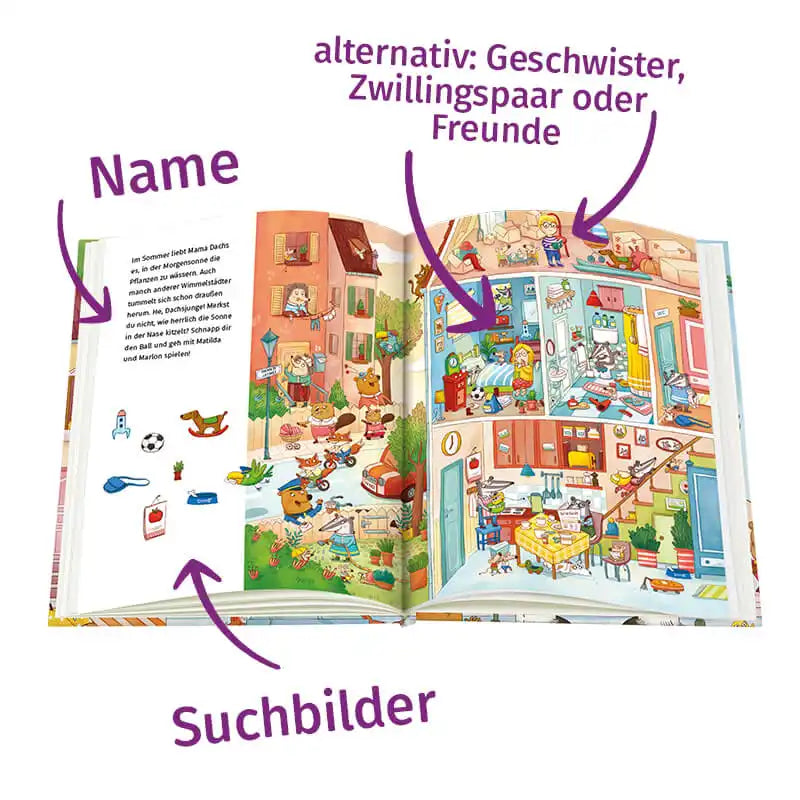 Aufgeschlagene Seite mit Personalisierungsoptionen zu Namen, Suchbilder sowie optional Geschwister, Zwillingspaar oder Freunde