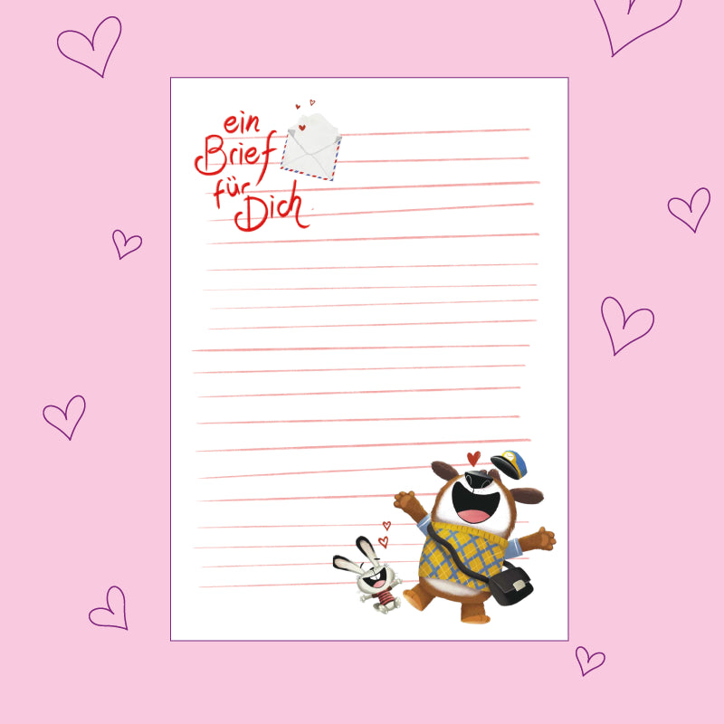Briefpapier zum kostenlosen Download: oben links "ein Brief für dich" neben einem geöffneten Briefumschlag, unten rechts ein Hund als Postbote sowie ein Hase, die sich sehr freuen
