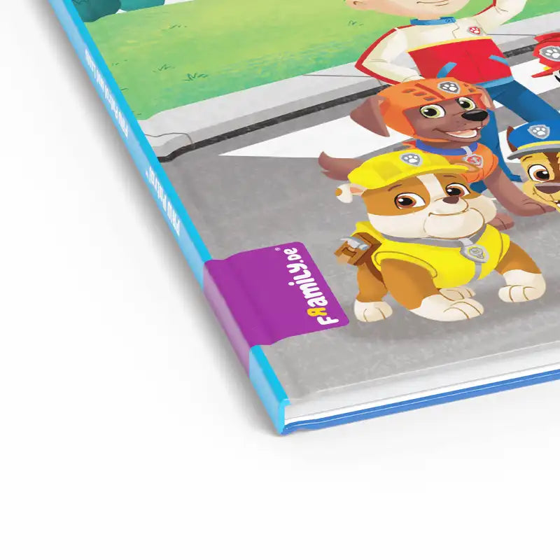 Detailansicht des Buchrückens eines illustrierten Paw-Patrol Kinderbuches.