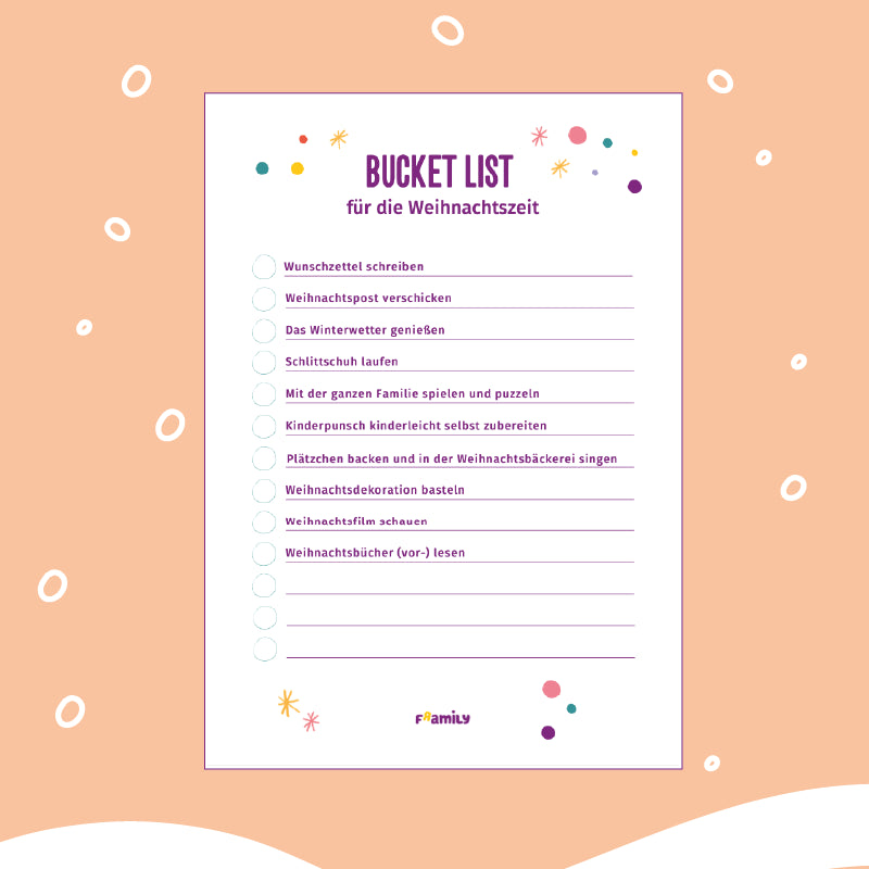 Kostenlose Vorlage zum Download: Eine festliche Weihnachts-Wunschliste auf weißem Papier mit bunten Punkten und Sternen. Zu den Aktivitäten gehören das Schreiben von Wunschzetteln, das Versenden von Weihnachtskarten, das Backen von Plätzchen und das Lesen von Weihnachtsbüchern.