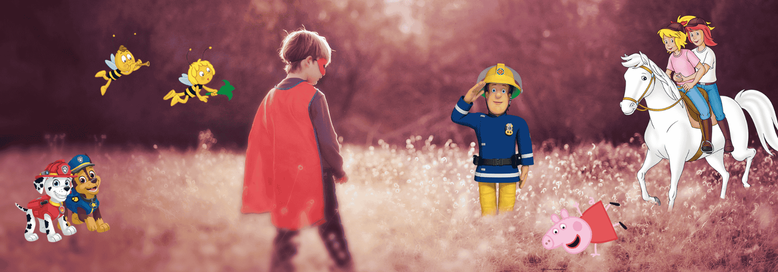 Ein Kind in einem roten Umhang steht auf einem Feld, umgeben von den Welpen der Paw Patrol, der Biene Maja, dem Feuerwehrmann Sam, Peppa Pig und einem Mädchen und einem Jungen, die auf einem weißen Pferd reiten.