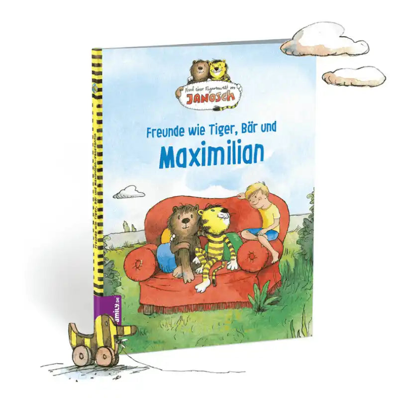 Das Cover des Framily-Buches "Janosch - Tiger & Bär und du" mit der Tigerente und Wolken drumherum abgebildet.