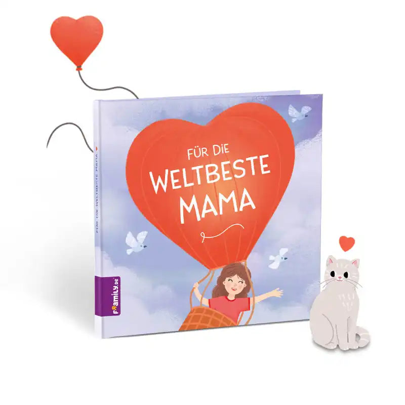 Das Buch "Für die weltbeste Mama" von Framily zeigt eine lächelnde Mutter in einem roten herzförmigen Heißluftballon, das zwischen Wolken und weißen Vögeln fliegt, mit dem Text: Für die weltbeste Mama - ein unvergessliches Geschenk für Mama.