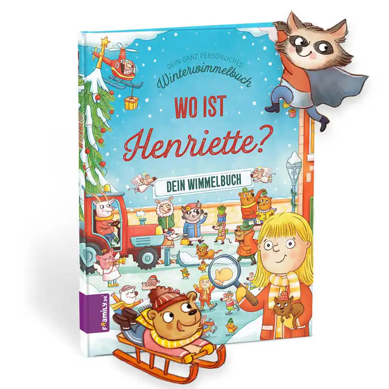 Cover des Framily-Buches Dein Winterwimmelbuch mit bunten Winterszenen, Kindern und Tieren. Tiere schlittern und spielen, während festliche Dekorationen die Seiten füllen.