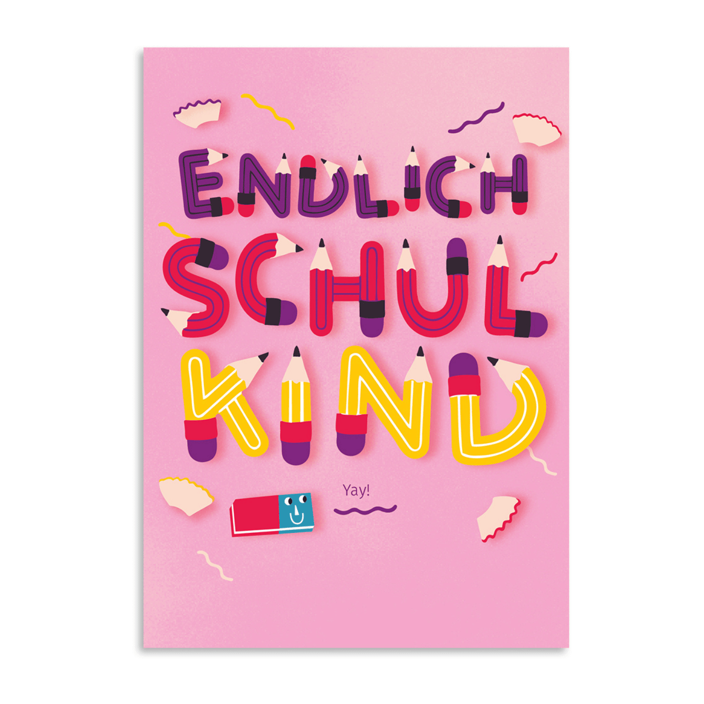 Grußkarte "Endlich Schulkind!" von Framily: Bunte Illustration mit dem Schriftzug "Endlich Schulkind" in Bleistiftform auf pinkem Hintergrund, verziert mit Radiergummis und Konfetti - perfekt zum Schulanfang.