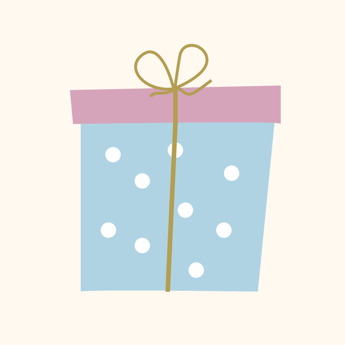 Eine minimalistische Illustration eines blauen Geschenkkartons mit weißen Tupfen, umwickelt mit einem rosa Band und oben mit einer goldenen Schleife gebunden, vor einem schlichten cremefarbenen Hintergrund.