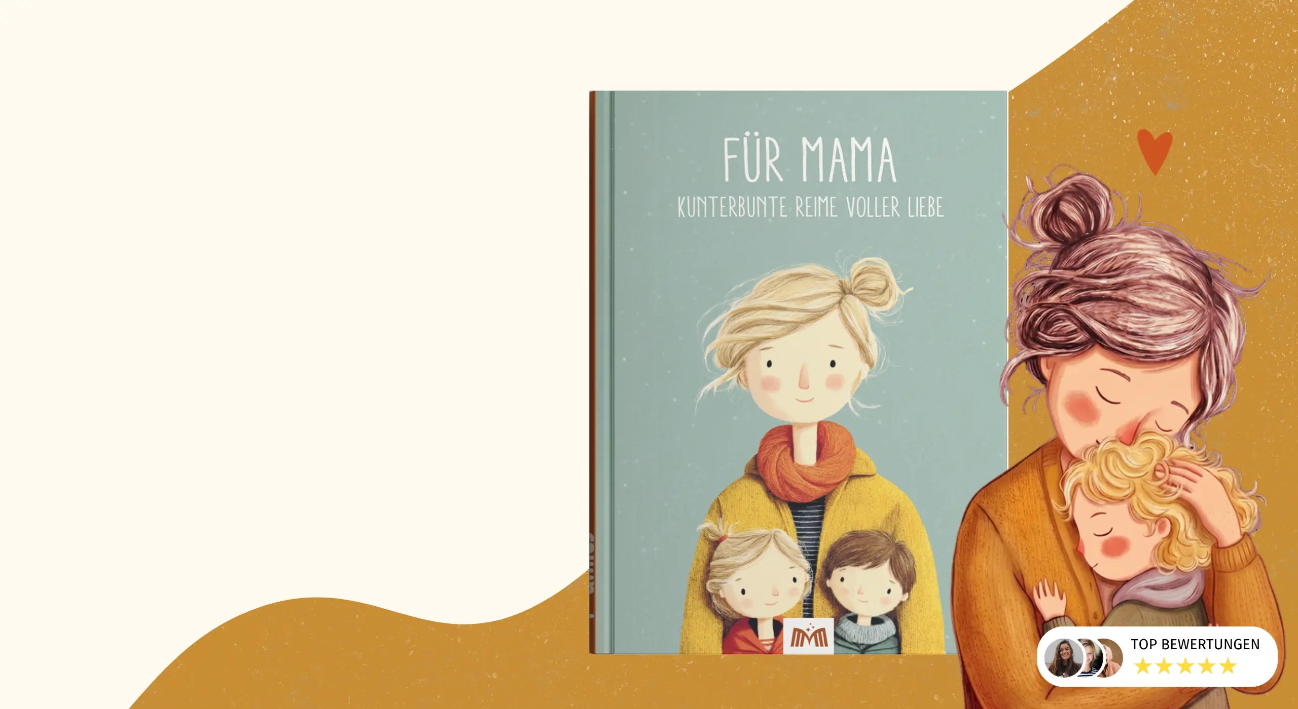 Produktabbildung des Buches "Für Mama" und eine Abbildung einer Mama, dir ihr Kind umarmt