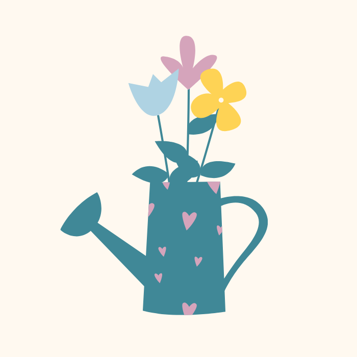 Gießkanne mit Herzchen, aus der drei Blumen wachsen