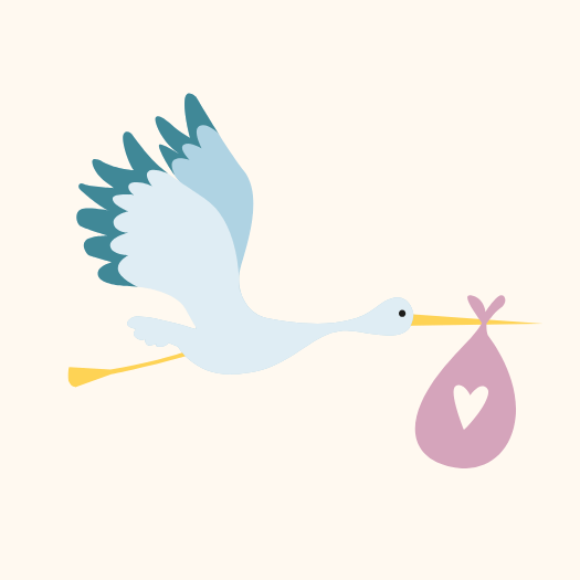 Storch mit Bündel im Schnabel mit Herz