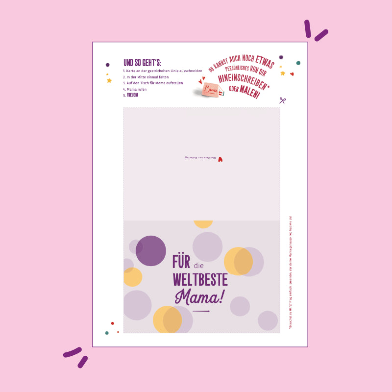 Vorlage zum kostenlosen Download: Klappkarte mit lila und gelben Kreisen auf hellrosa Hintergrund. Der Text lautet "Für die weltbeste Mama!" mit Platz für eine Nachricht.