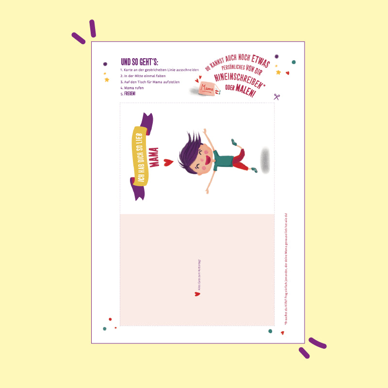 Vorlage zum kostenlosen Download: Klappkarte mit Männchen auf der Vorderseite, über dem ein Herz schwebt und in einer Bandarole steht: "Ich hab dich so lieb Mama"