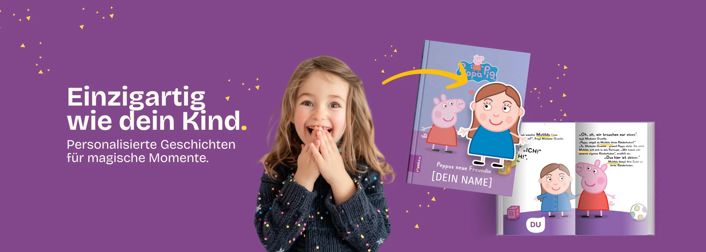 Mädchen hält staunend ihre Hände vor den Mund - daneben ein personalisiertes Peppa Pig Buch. Personalisierte Geschichten für magische Momente - einzigartig wie dein Kind.