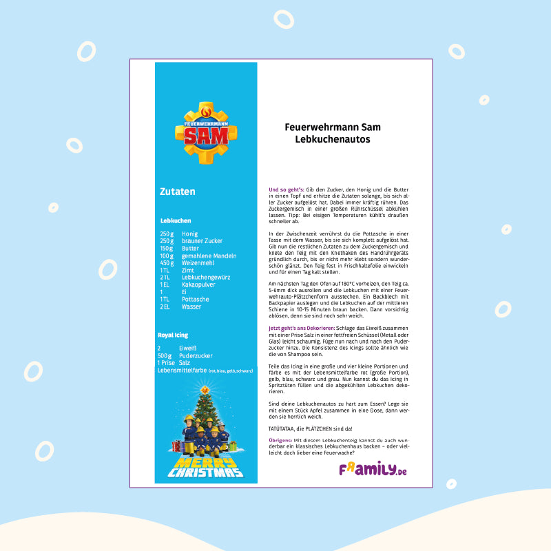 Rezept zum kostenlosen Download für
Feuerwehrmann Sam Lebkuchenautos. Der Text enthält Zutaten und Backanweisungen.