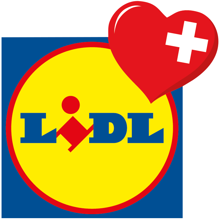 Das Lidl-Logo mit dem grossen roten Herz und dem weissen Kreuz in der oberen rechten Ecke, das die Markensymbolik mit einem Symbol der Schweiz verbindet.