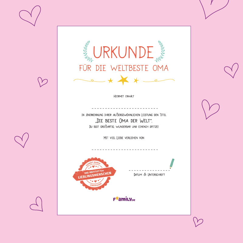 Vorlage zum kostenlosen Download: Urkunde für die weltbeste Oma mit Datum und Unterschrift