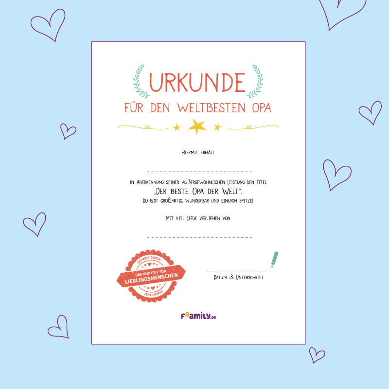 Vorlage zum kostenlosen Download: Urkunde für den weltbesten Opa mit Datum und Unterschrift