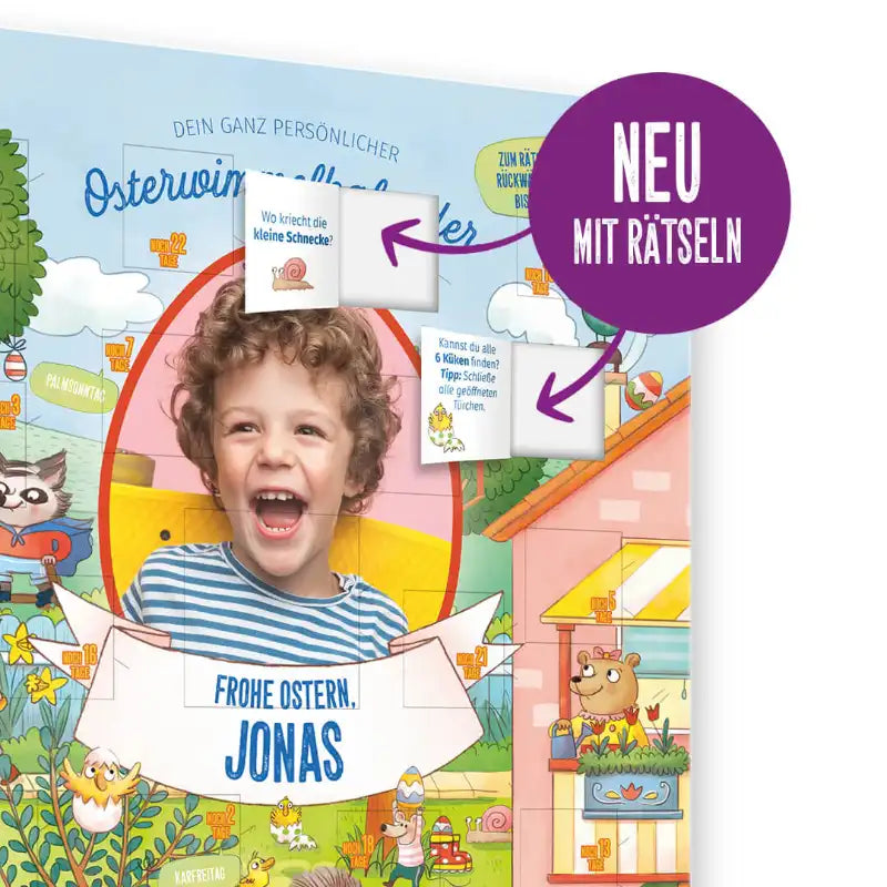 Personalisiertes Foto eines lächelnden Jungen auf dem Framily Oster-Countdown-Kalender. Ein lila Kreis hebt hervor: Neu mit Rätseln.