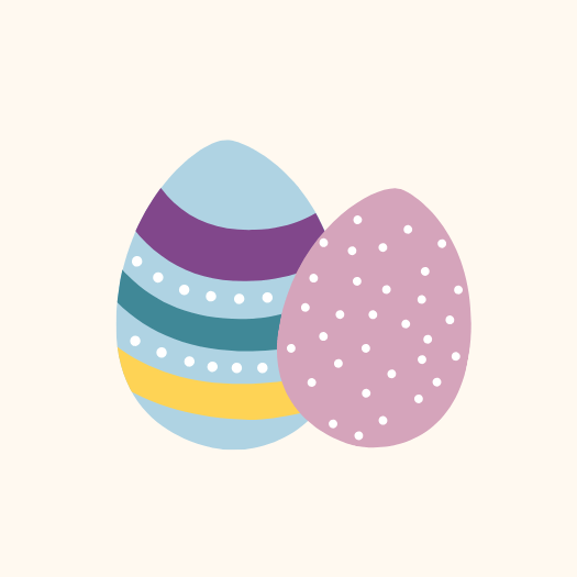 Zwei verzierte Ostereier: ein hellblaues mit lila, weißen und gelben Streifen und ein rosafarbenes mit weißen Tupfen auf hellem Hintergrund.