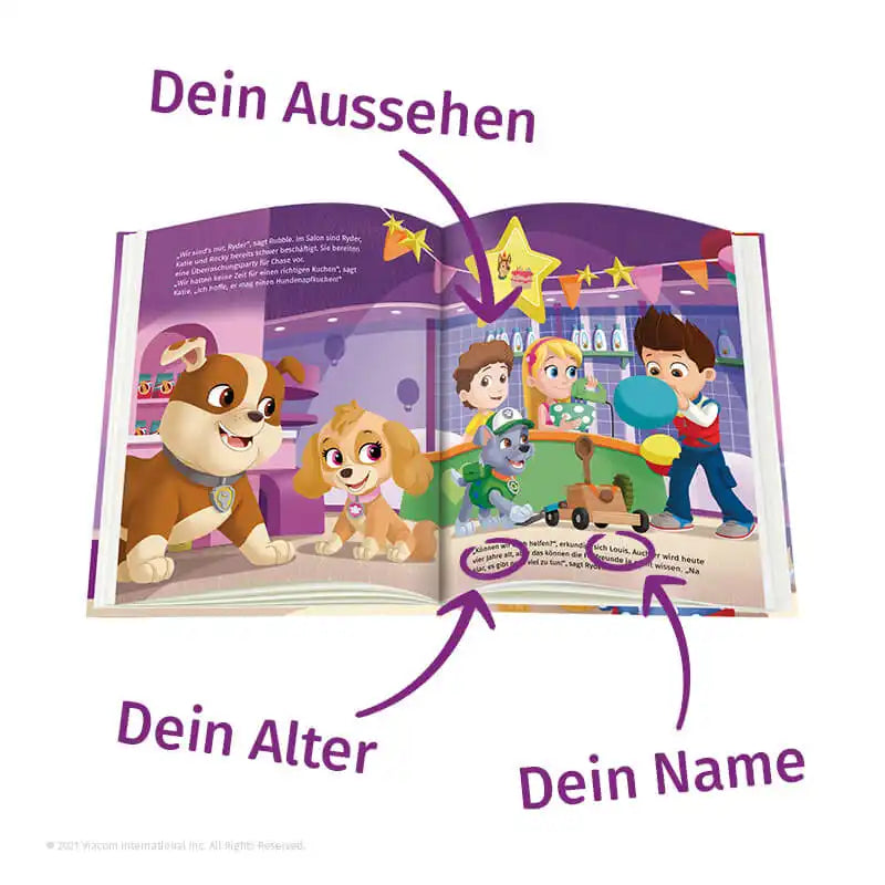 Aufgeschlagene Seite mit Personalisierungsoptionen Aussehen, Alter und Name