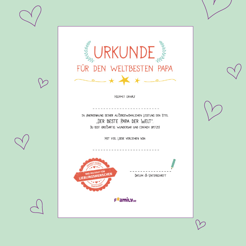 Vorlage zum kostenlosen Download: Urkunde für den weltbesten Papa mit Datum und Unterschrift