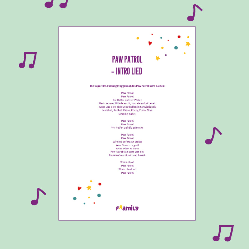Lyrics von dem Titelsong von dem Paw Patrol Intro-Lied zum kostenlosen Download