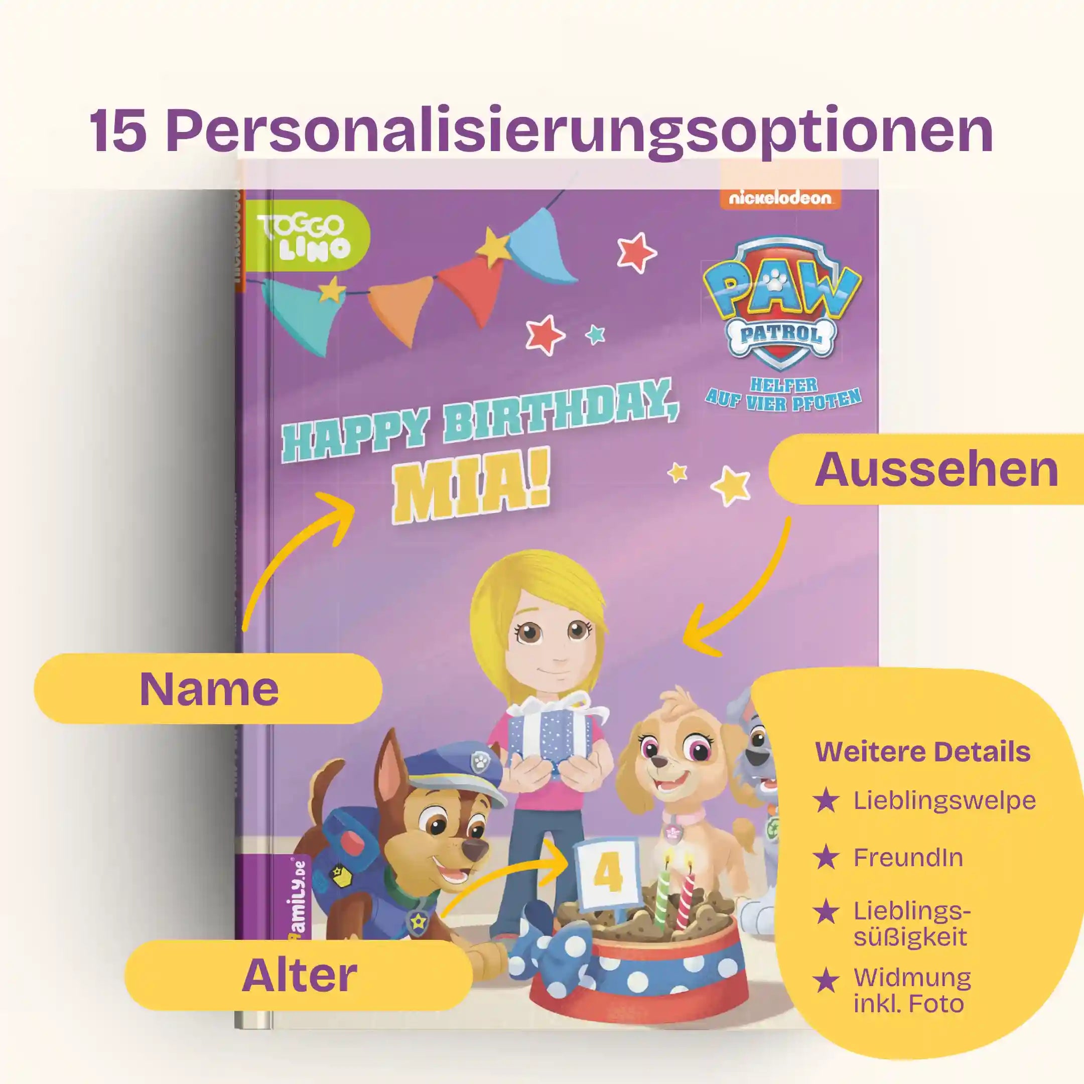 15 Personalisierungsoptionen: Name und Aussehen, Alter, Lieblingswelpe, FreundIn, Lieblingssüßigkeit, Widmung inklusive Foto