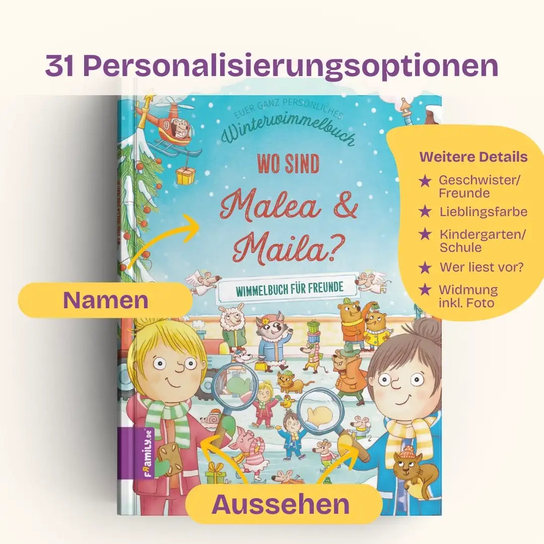 31 Personalisierungsoptionen: Namen, Aussehen, Geschwister/Freunde, Lieblingsfarbe, Kindergarten/Schule, Wer liest vor?, Widmung inkl. Foto