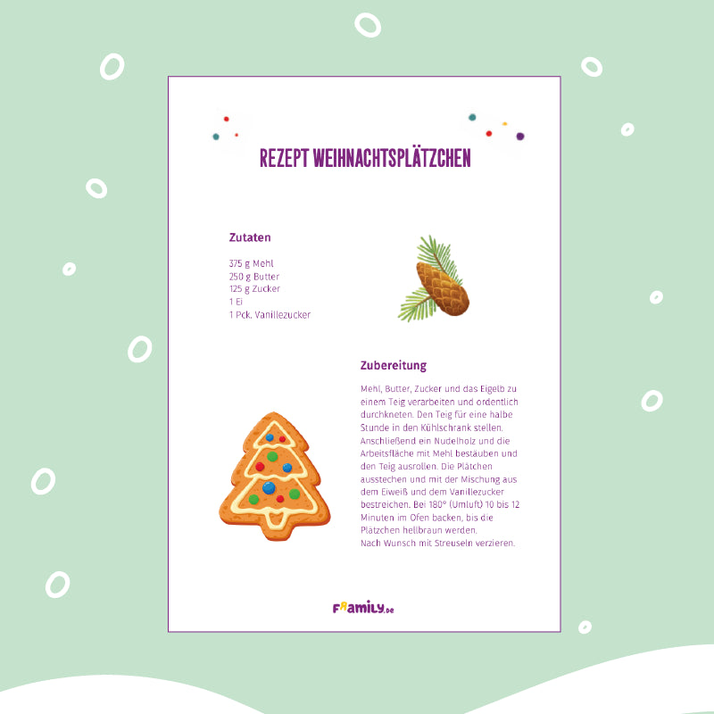 Rezept zum kostenlosen Download für
Weihnachtsplätzen. Der Text enthält Zutaten und Backanweisungen.