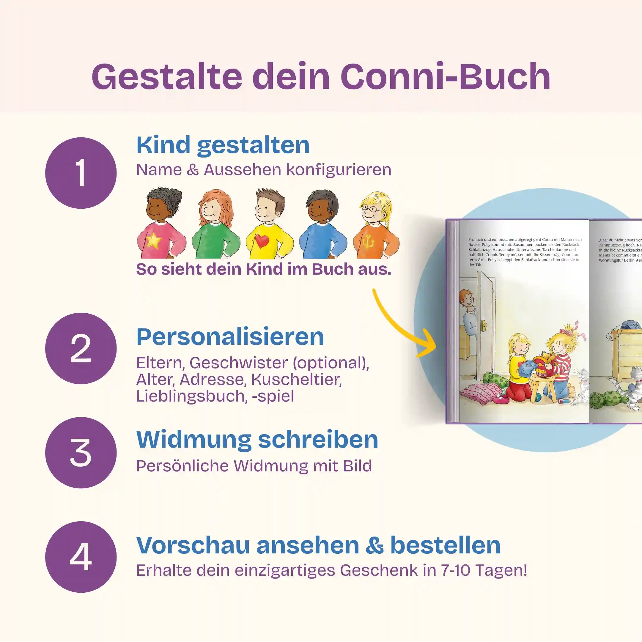 In 4 Schritten zu deinem Conni-Buch: Kind gestalten - Personalisieren (Eltern, Geschwister (optional), Alter, Adresse, Kuscheltier, Lieblingsbuch, -spiel) - Widmung schreiben mit Bild - Vorschau prüfen & bestellen und dein einzigartiges Geschenk in 7-10 Tagen erhalten