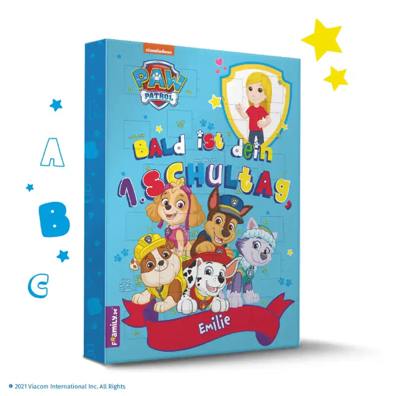 Der Framily PAW Patrol Countdown-Schulstart-Kalender mit der Paw Patrol, einer Abbildung des personalisierten Kindes und den Namen Emilie - perfekt als Einschulungs-Countdown für Paw Patrol Fans.